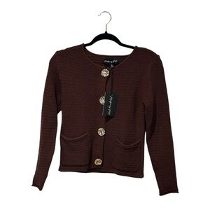 NWT Montgomery Post Brown luxe knit cardigan gold statement buttons jacket sz s
